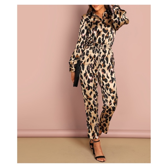 Animal Print Long Sleeve Cocktail Satin Jumpsuit - Picture 5 of 6